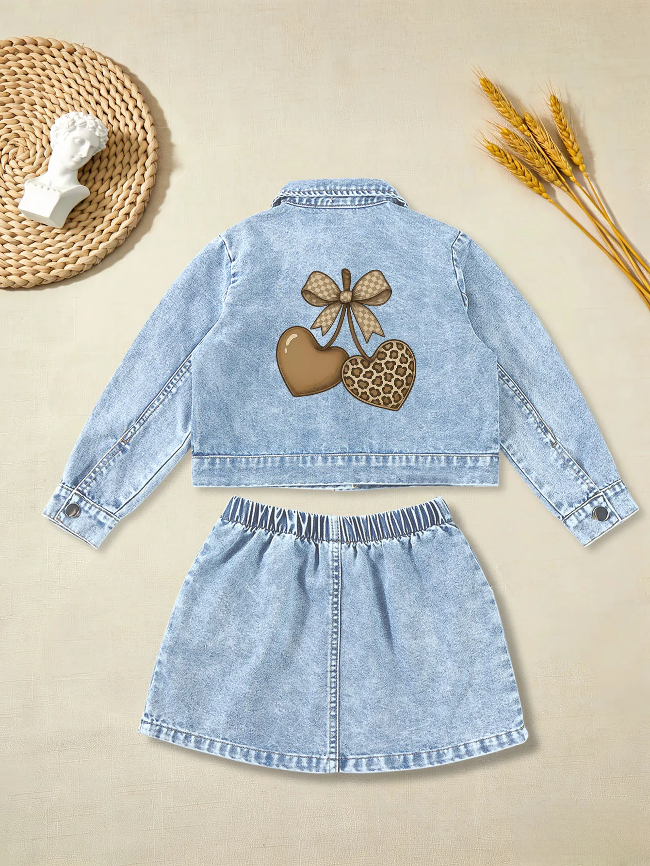 2 pieces: Valentine's Day Girls' Autumn Sweet Cute Denim Dress Set with Cartoon Heart Prints
