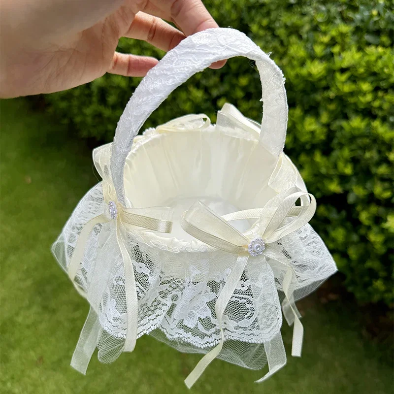 Wedding Flower Girl Scattering Flower Basket Western Style Wedding Lace Rhinestone Festival Hand-held Basket Bow Storage Basket