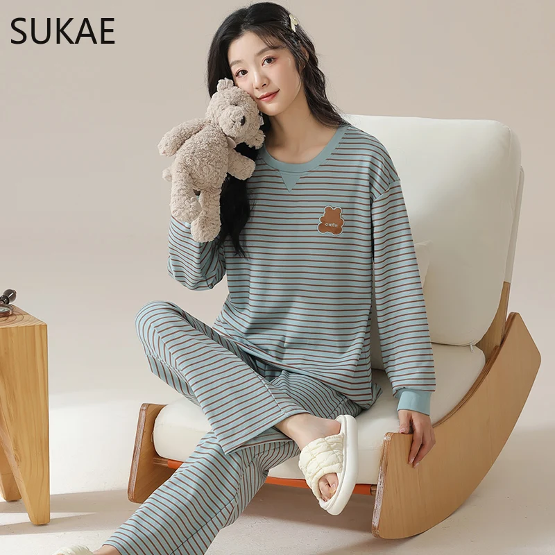 SUKAE Spring New Women Pajamas Set Casual Girls Sleepwear Leisure Loungewear Lady\'s Pijamas Long Sleeves Faux Cotton Nightwear