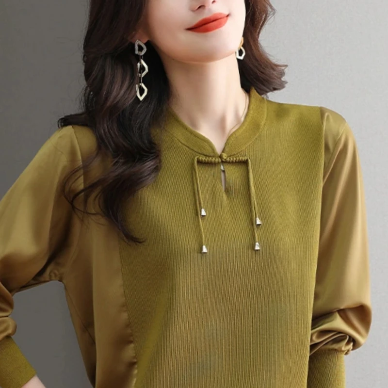 Chinese Style Autumn Women's Solid Mandarin Collar Frog Knitting Screw Thread Patchwork Fashion Long Sleeve Chiffon Shirt Tops