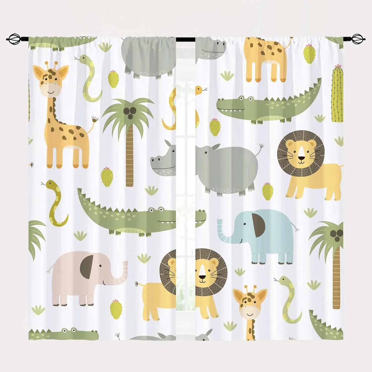 Kids Curtains Rod Pocket Animal Safari Hippo Crocodile Lion Elephant Giraffe Woodland Zoo Print Pattern Window Drapes for Boys G