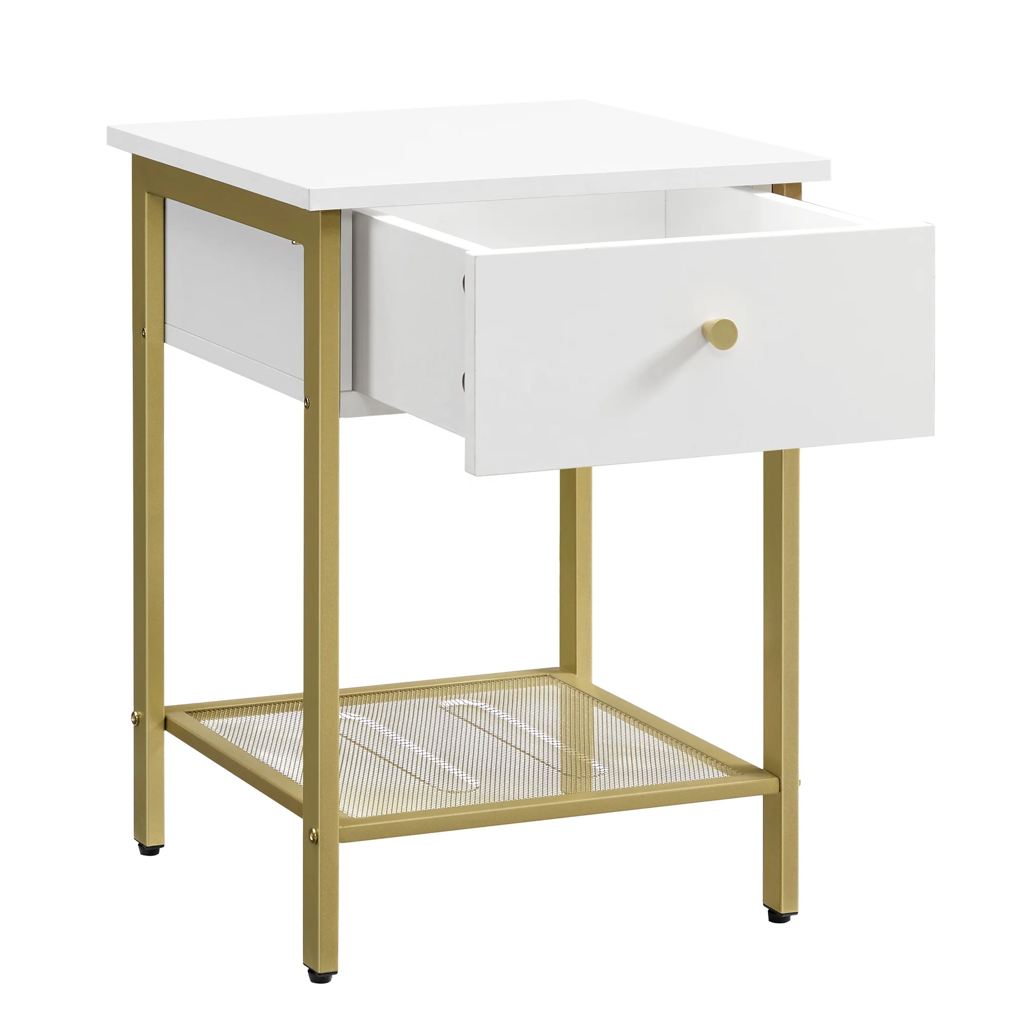 

Modern Platinum Bedside Table with Drawer Side Table with Bedroom Living Room Grid Shelf