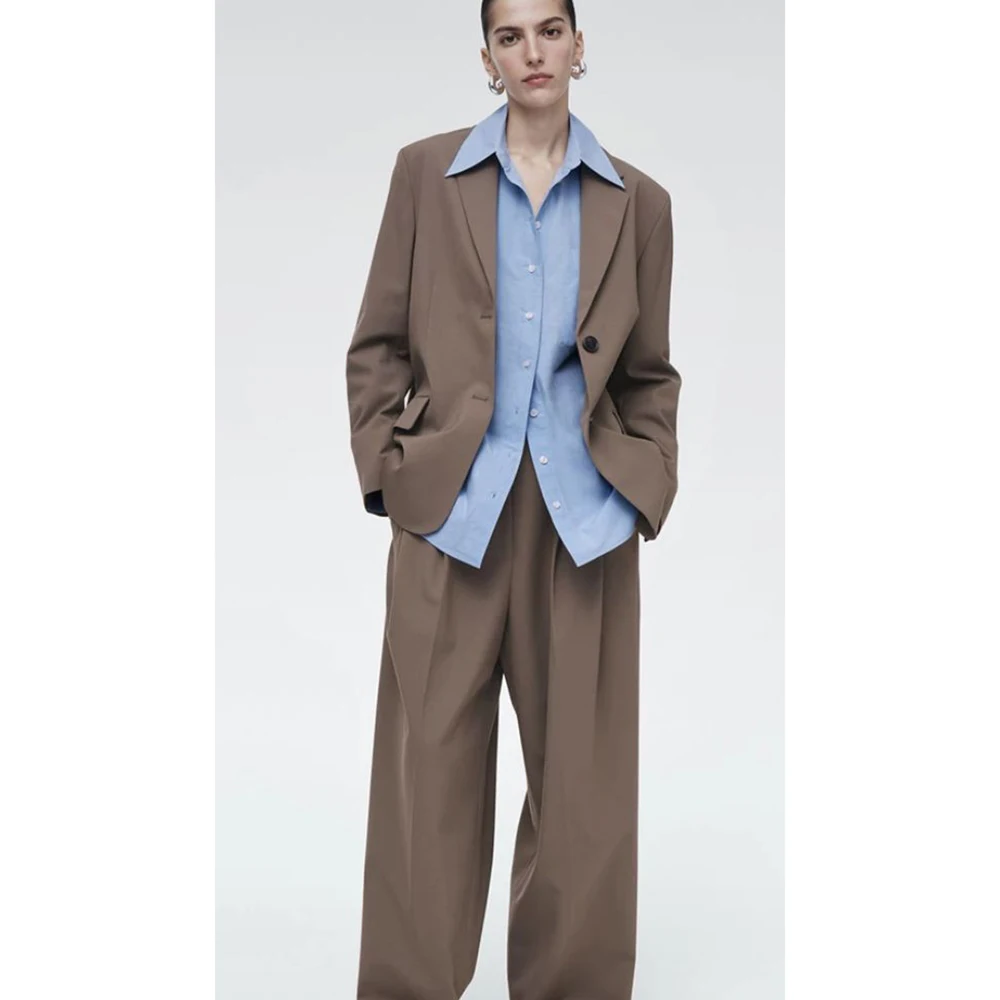 

Commuter Light Khaki Brown Single-Breasted Suit 2 Piece Set Notch Lapel Loose Office Casual Female Outfit (Jacket&Pants）
