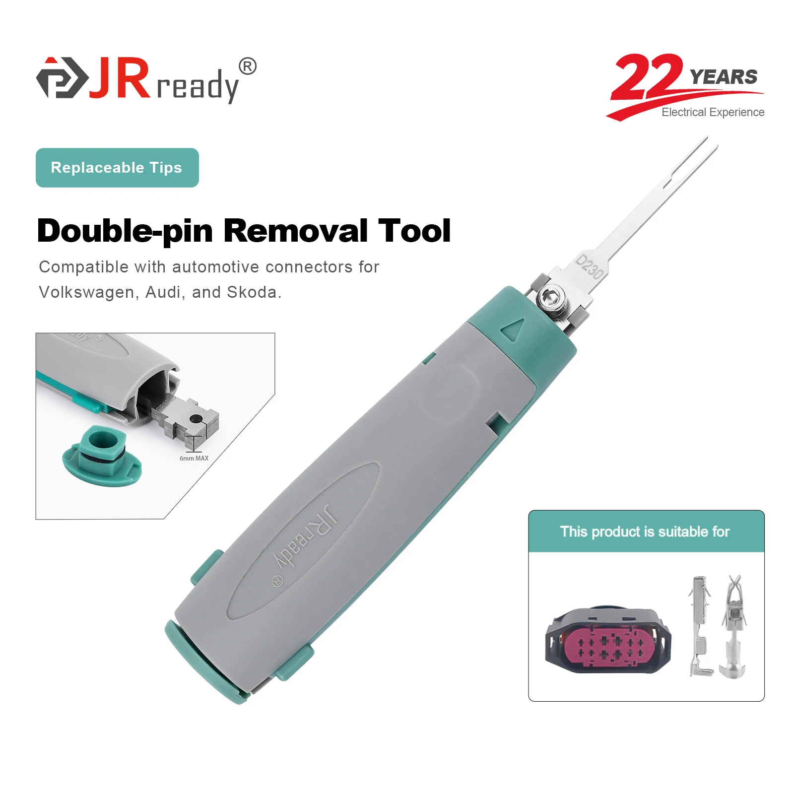 

Инструмент для извлечения двухконтактных разъемов JRready JRconDRK-D230, подходит для автомобильных разъемов серий Volkswagen, Audi, Skoda.