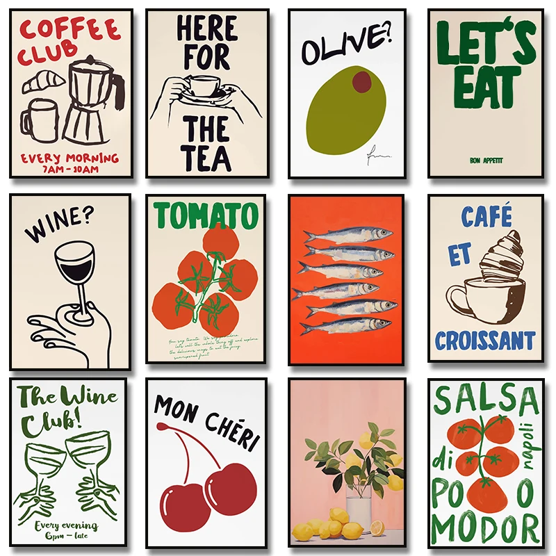 Cherry Coffee Tea Sardines Tomato Olive Wine Poster Lemon Canvas Painting Print for Wall Art Kitchen Room Home Decor