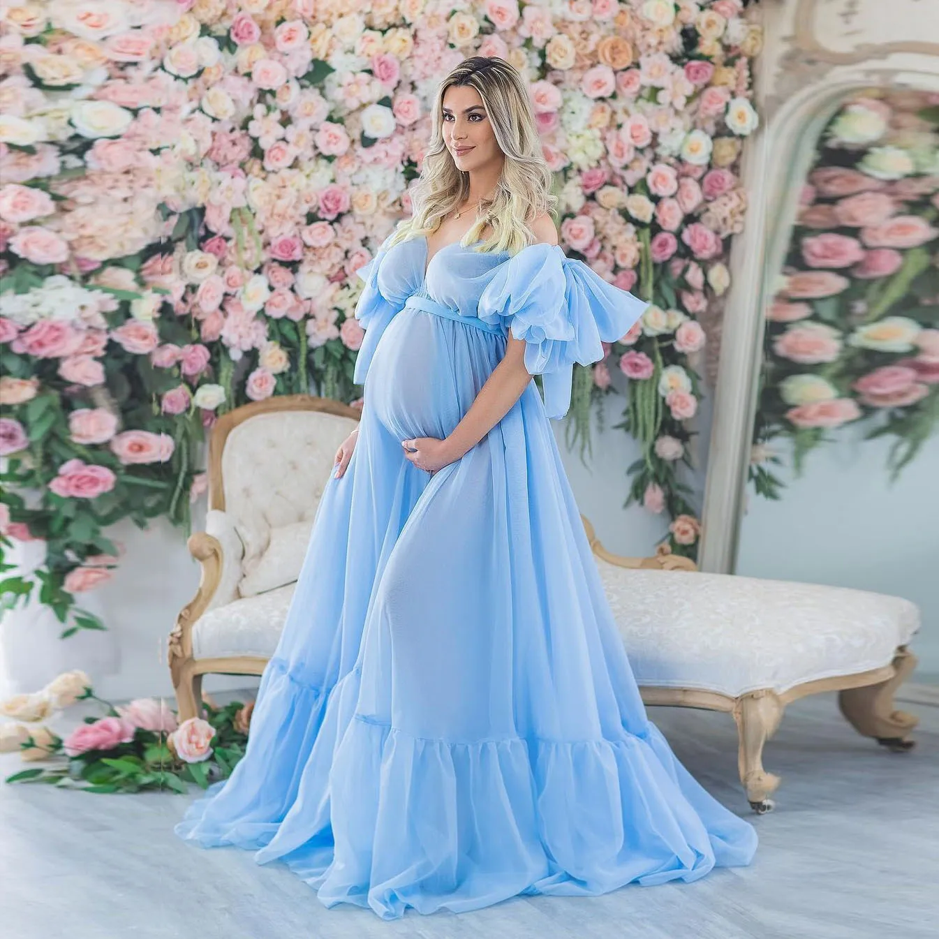 

Real Photo Sky Blue Maternity Dresses Customized Off the Shoulder Elegant Women Maternity Gowns for Photo Shoot Nightgowns 2022