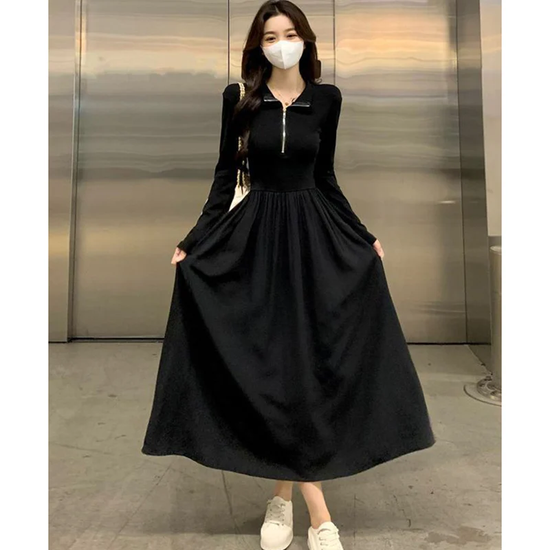 Fashion Stand Collar Zipper Spliced Folds Casual Dress Female Clothing 2024 Autumn New Loose Korean Solid Color Princess Dress