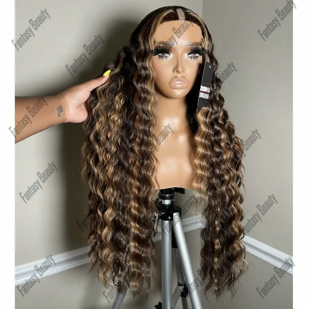 

Deep Wave Highlight Honey Blonde Glueless 1x4 Size Opening U/V Part Wig Human Hair for Black Women With 6 Clips Easy Wear