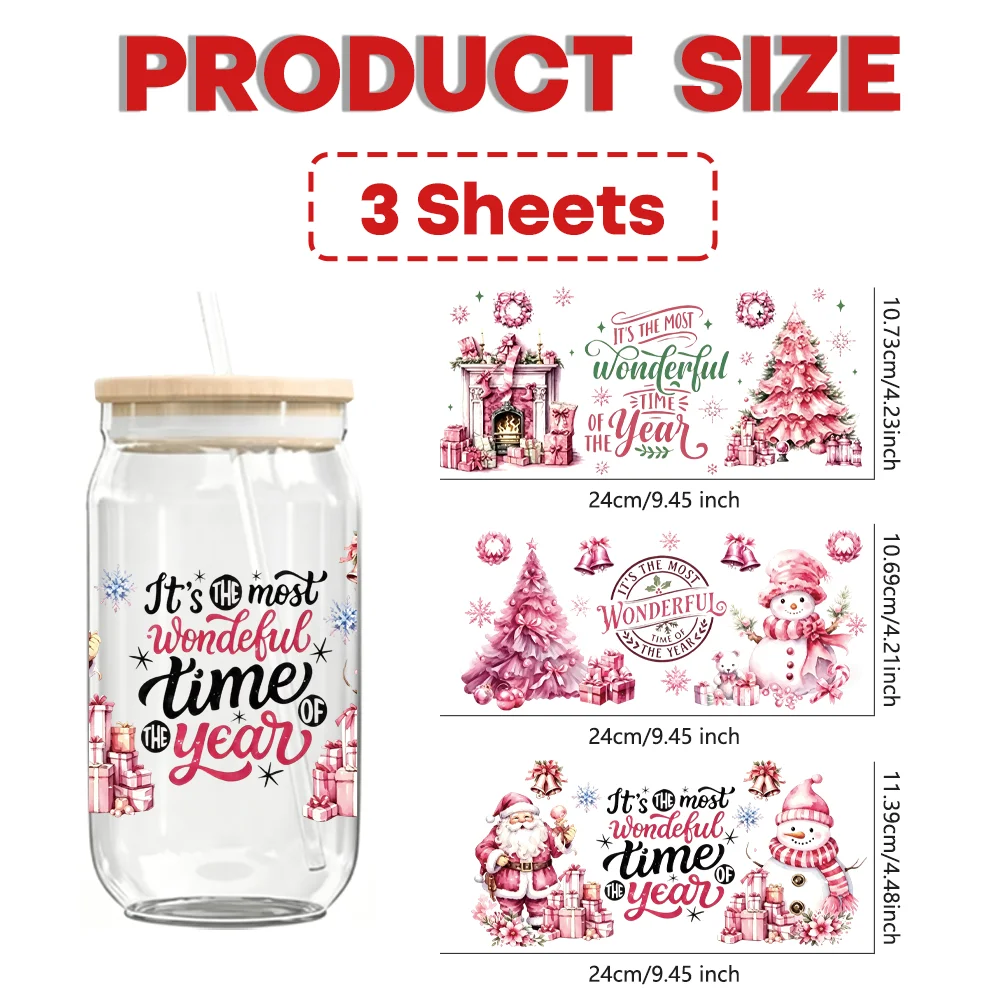 3PCS Pink Christmas UV DTF Crystal Label Stickers, Waterproof Transfer Decals for Tumblers, Laptops, Phone Cases & Notebooks