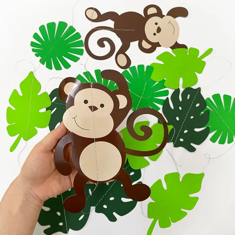 Monkey Palm Leaves Cutouts Garland Green Jungle Party Decorations Hanging Wall Decor for Kid Wild One Birthday Baby Shower Decor