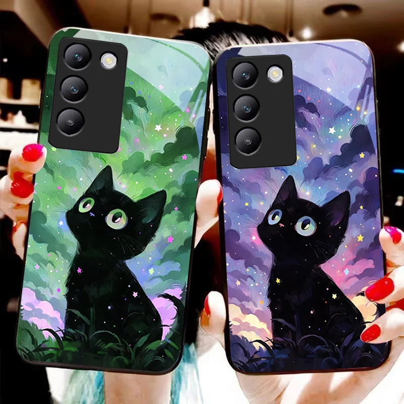 

Cute Little Cat For Y72 33S 11 03 36 96 Lite 35 16 Iqoo 12 V40 SE 5G 29 40 21 30 X80 Pro Vivo Tempered Glass Phone Case Black