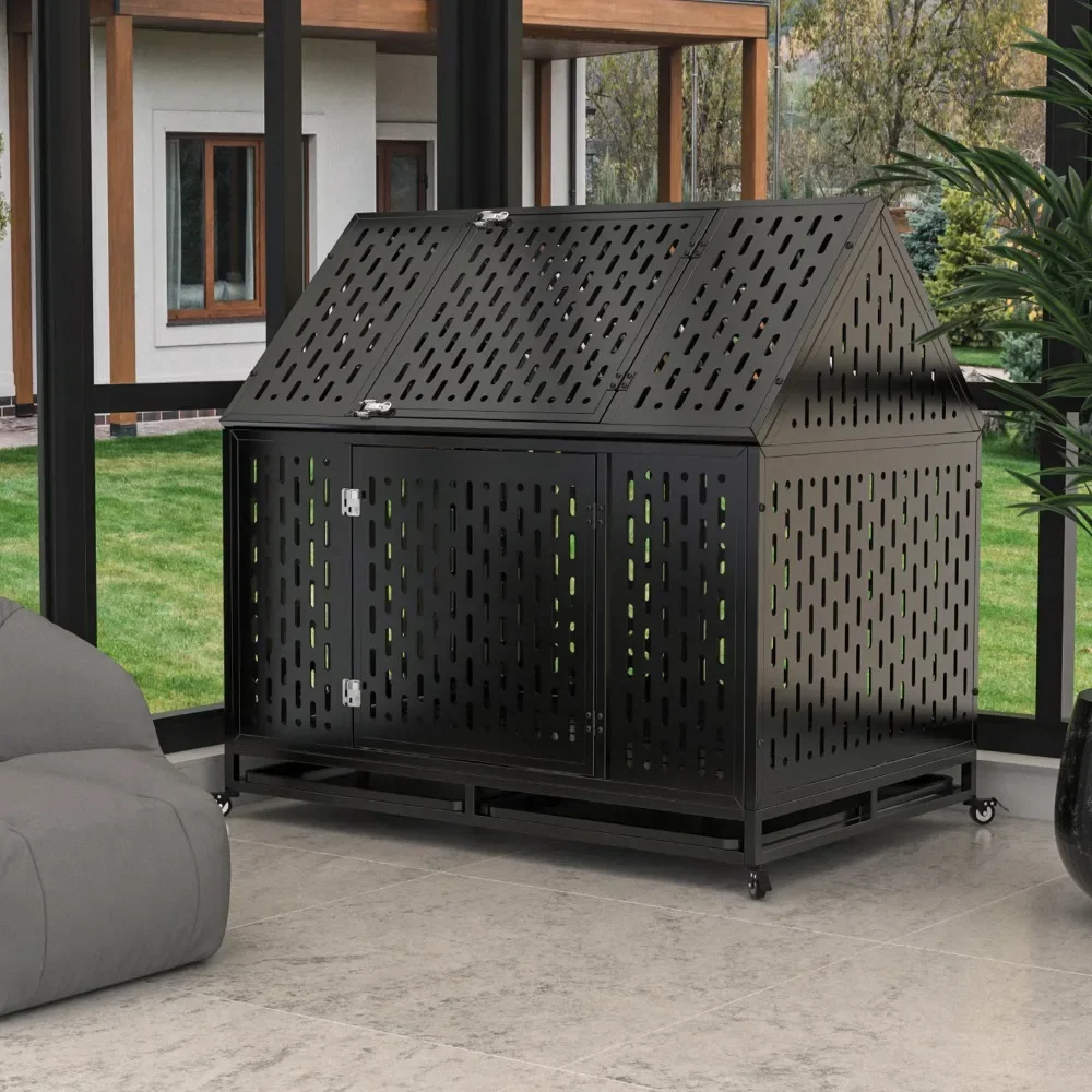 

Heavy Duty Dog Crate 45 inch Indestructible Pet Dog Cage Crate Kennel with Roof Top 2 Doors Removable Trays, Lockable Wheels