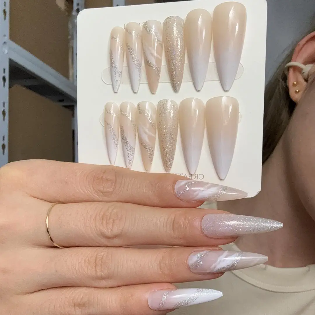 24Pcs/Box Long Aurora Pointed Press on Nail Art Removable Reusable Artificial Acrylic False Nails Tips Wearable Fake Nails Set