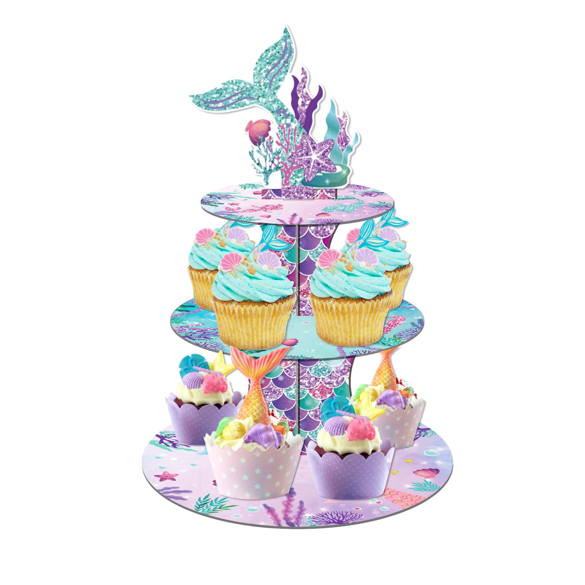 3Tier Cartoon Mermaid Tail Party Cake Display Stand Under The Sea Birthday Cupcake Rack Holder Baby Shower Party Cake Tray Decor