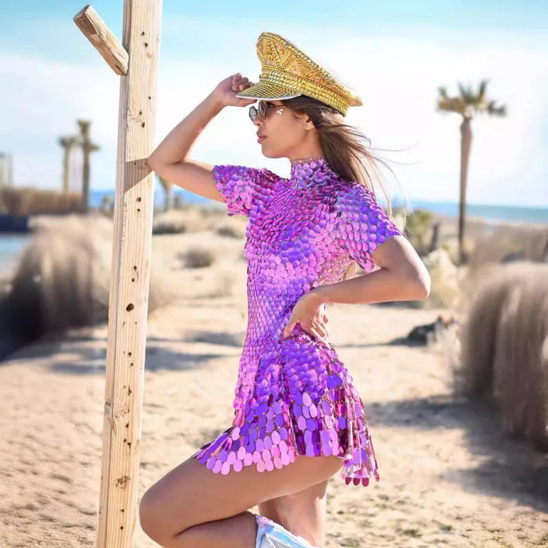 

2025 Sexy Black Shell Sequins Mini Dress Nightclub Dance High Quality Performance Clothing Bodysuit Birthday Red Dresses