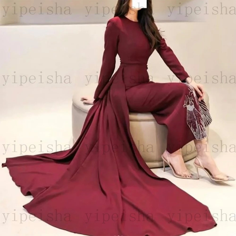 カスタマイズされた O ネックイブニングドレス絶妙なフルスリーブビーズスパンコール足首までの長さのウエディングドレスストレート取り外し可能なトレインドレス