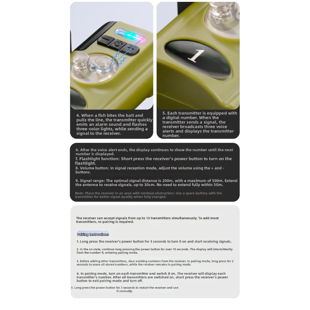 

Wireless Fishing Bite Alarm Set for Sea Rods with 500 Meter Signal Range Multi Channel Volume Control High Sensitivity