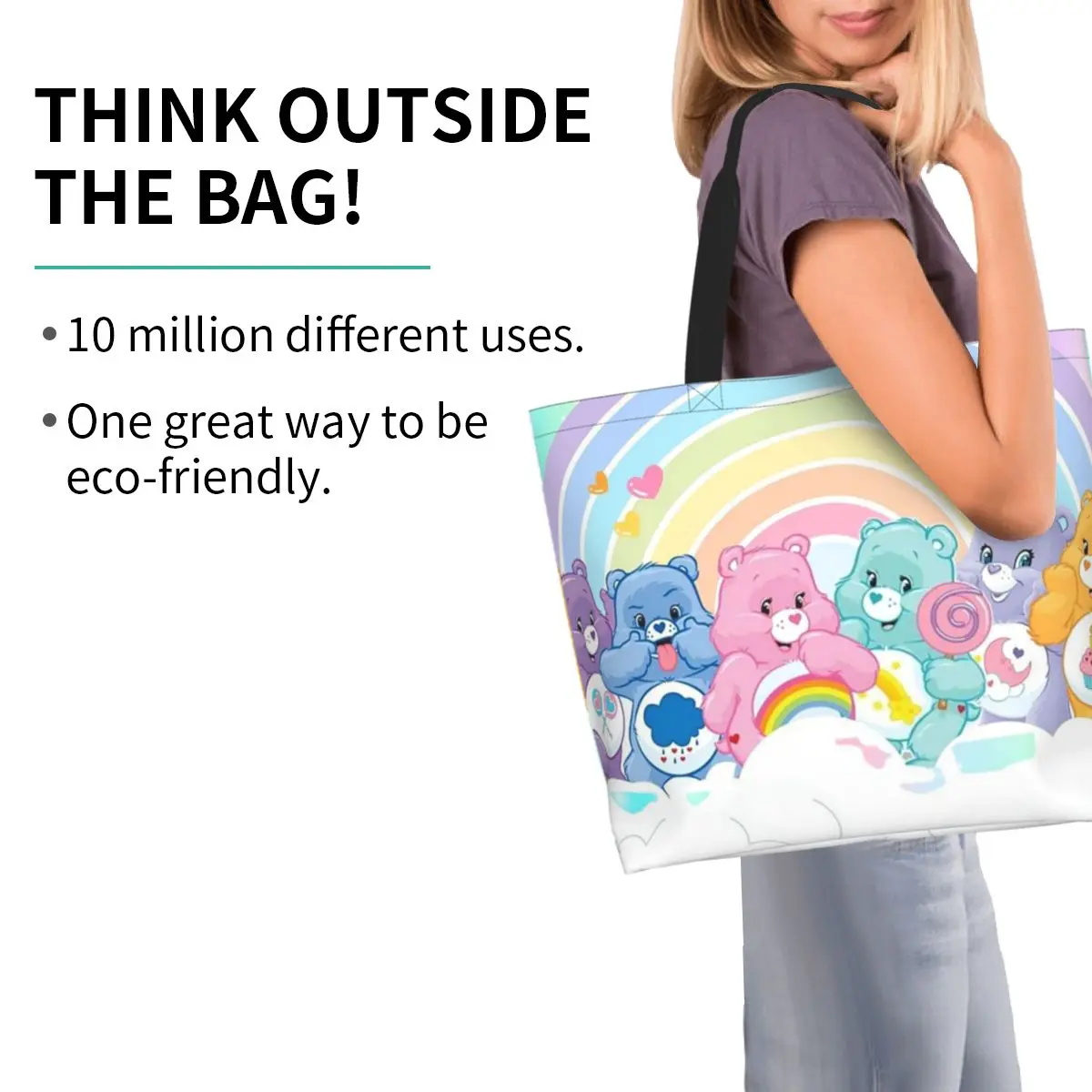 Care Bears Rainbow Bears Group Line Up Cartoon Shopping Tote Bag حقائب كتف من القماش للمتسوقين حقيبة يد للنساء
