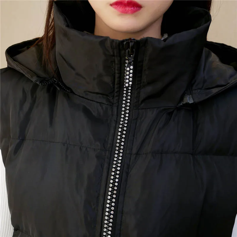 170Kg Plus Size Women\'s Bust 170 Winter Loose Hooded Long Padded Vest Jacket Diamond Zipper Coat Black 7XL 8XL 9XL 10XL 11XL