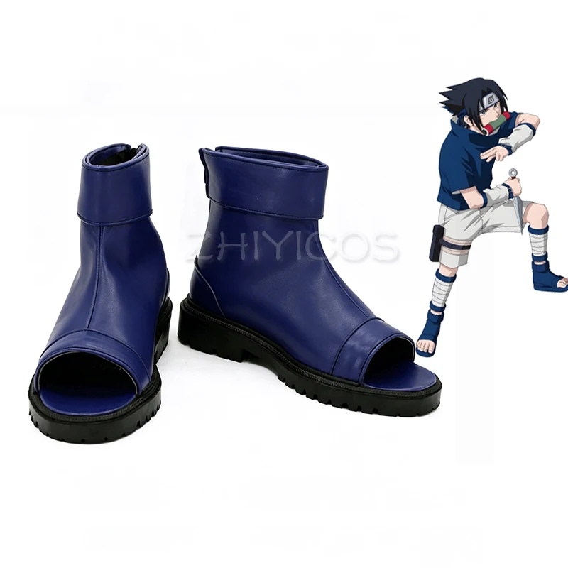 Anime Young Uchiha Sasuke Cosplay Shoes Blue Open Toe Ninja Short Boots Faux Leather Halloween Shoes for Men Footwear
