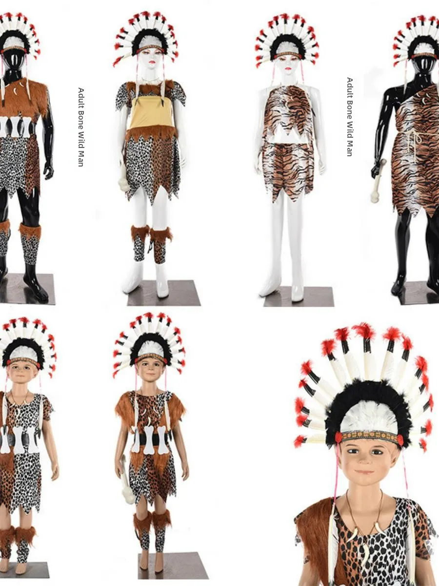 Halloween Cosplay Kinderwildman Indiase set Prestatiekleding Etnische toneelvoorstellingkleding Traditioneel kostuum