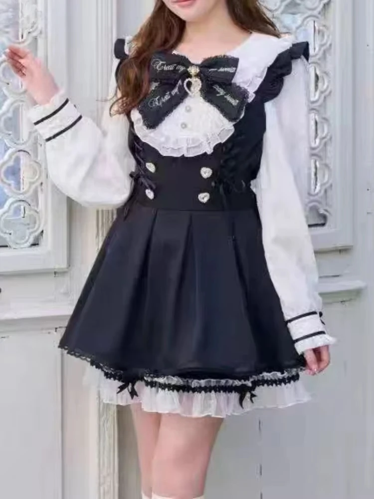 Japanese Y2 Aesthetics Rhinestone Bow Dress Shorts Set Women Gothic Lolita Style Long Sleeve Shirt Dresses Party Slim Mini Dress