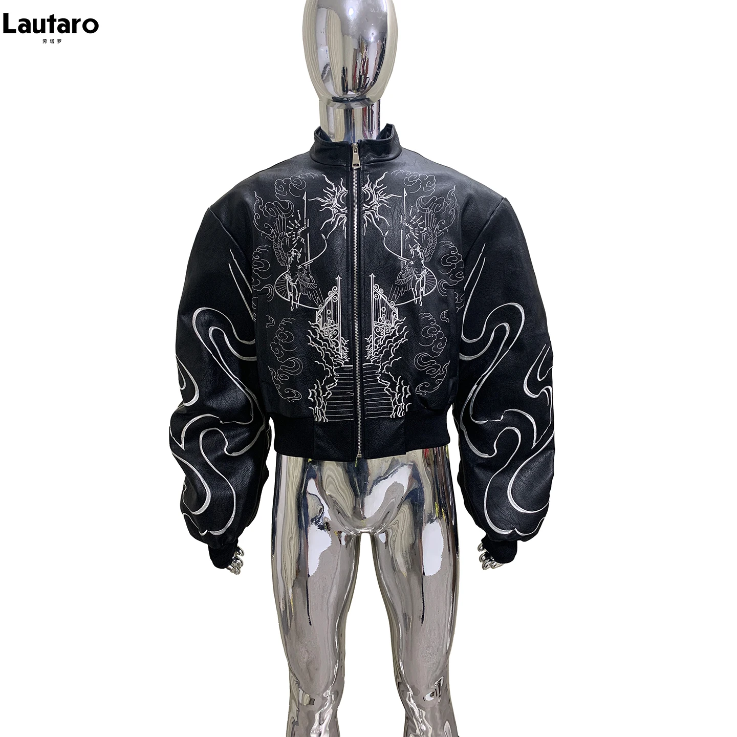 Lautaro Autumn Cool Short Embroidery Pu Leather Jacket Men with Drawstring Sleeves Luxury Emo Menswear Punk Style Zip Up Clothes