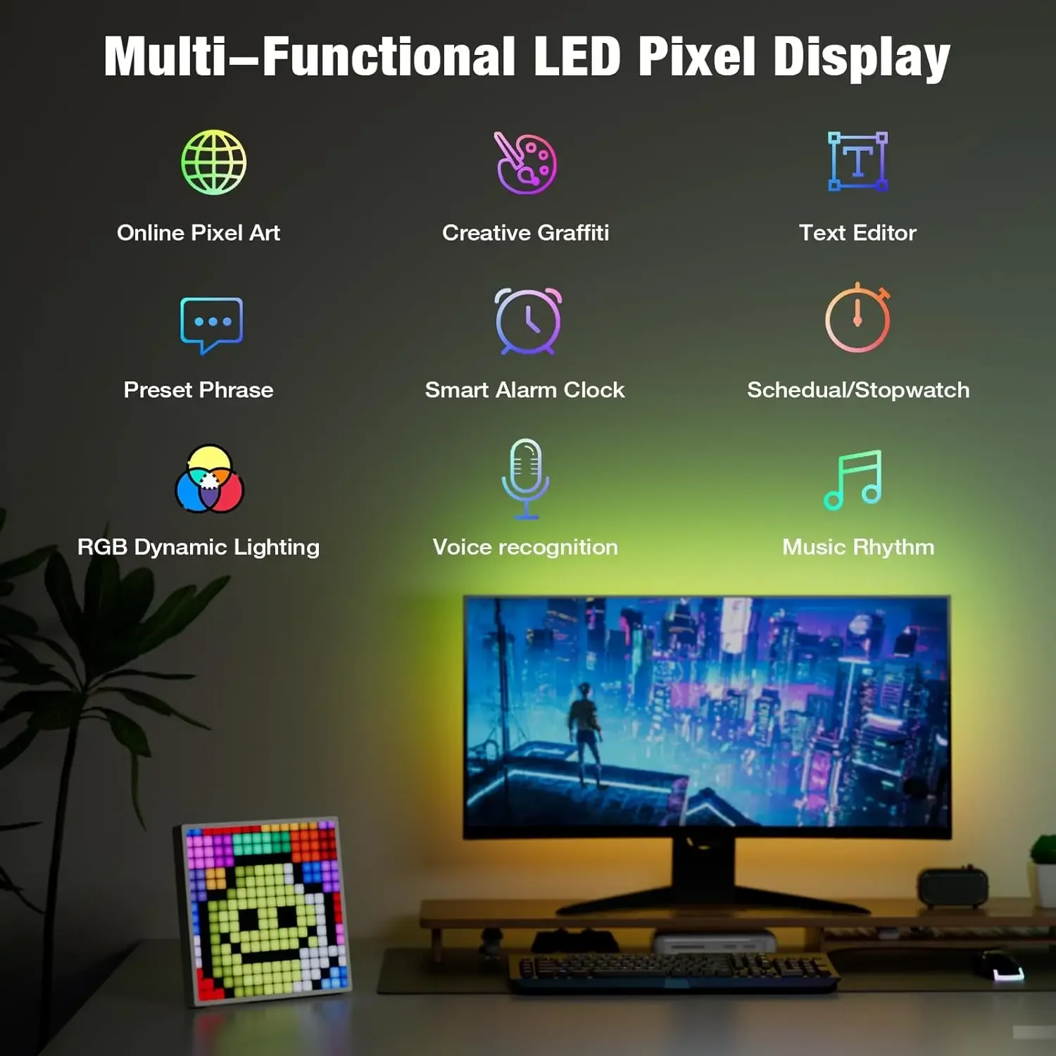 Tela LED Matrix Pixel Display, Controle Inteligente App, Digital Programável, DIY Photo Frame, Sala de Jogos, Decoração Desktop, Luz Noturna, 2023