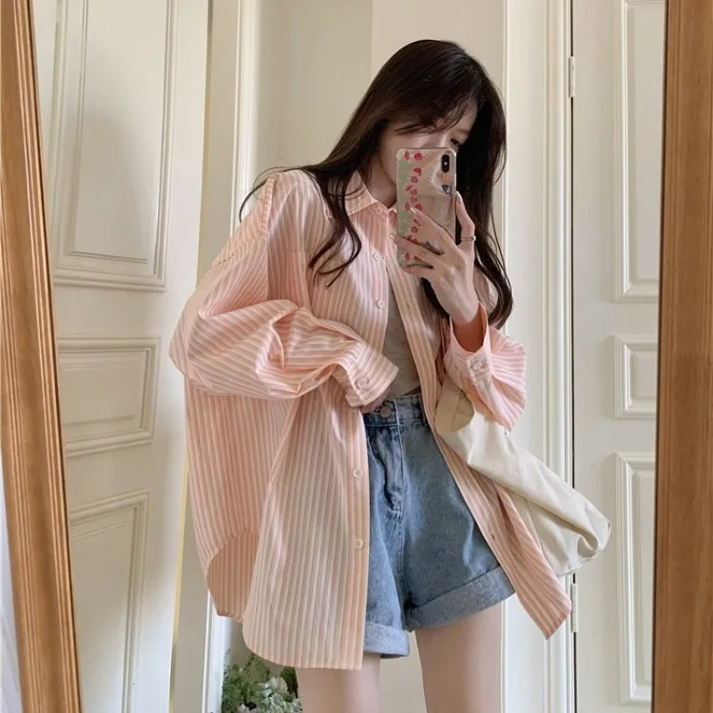 Basic Summer Stripe Shirt Green Pink Long Sleeve Blouses Striped Top Korean Popular Women\'s Clothes 2023 Youthful Woman Clothes