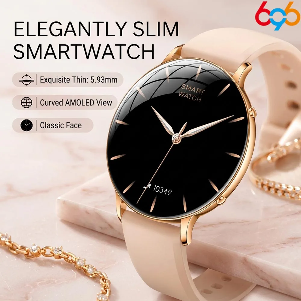 New Ultra‑Slim AMOLED Curved Display Women Smart Watch Wireless Call Heart Rate Health Monitor Flashlight Sport Girl Wristwatch