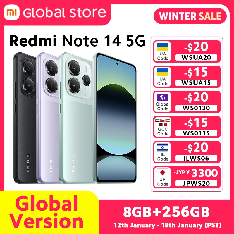 【Brand+】 Xiaomi Redmi Note 14 5G Global Version NFC Smartphone MTK Dimensity 7025-Ultra 108MP Camera 45W Turbo Charging