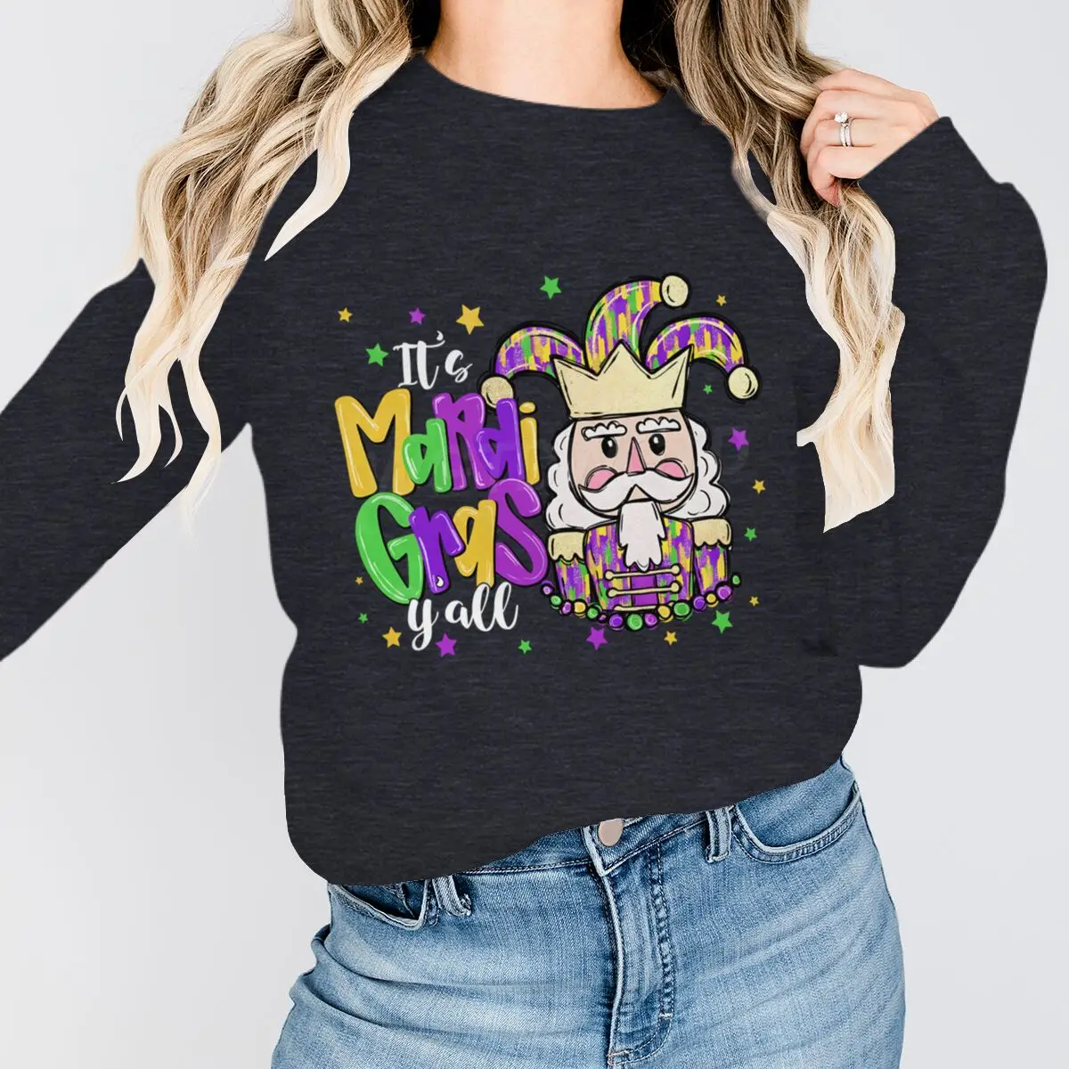 해피 마디 그라 여성 의류 마디 그라가 되다니요 모두들 스웨트셔츠 카니발 축제 클래식 탑 여성 긴팔 셔츠