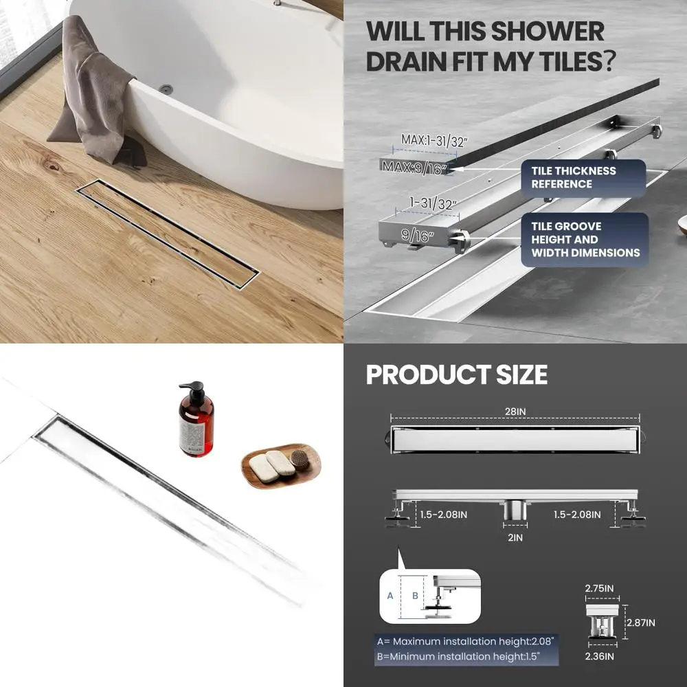 

28 Brushed 304 Stainless Steel Linear Shower Drain with Tile Insert, Suitable for Bathroom, Kitchen, and Garage