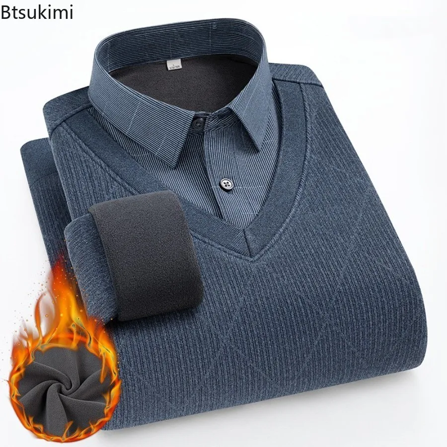 

Autumn Winter New Fake Two Piece Shirt Collar Sweater Middle-aged Men Long Sleeved Solid Trendy Business and Leisure Warm Shirt