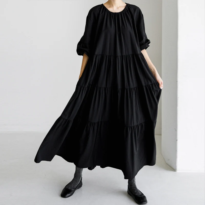 Johnature Black O-neck Loose Korean Dresses 2024 Spring New Casual Solid Color Full Sleeve Tie Women Dress