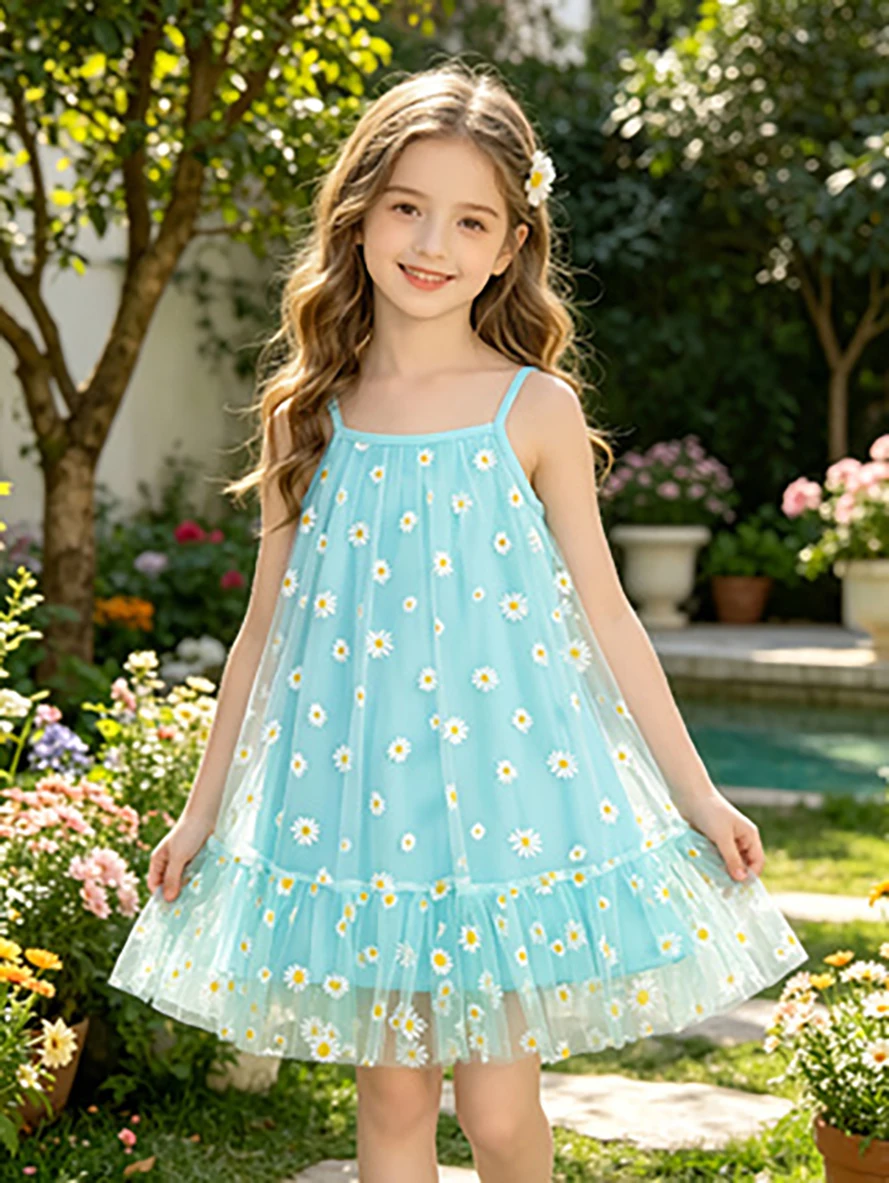Blaues & grünes Gänseblümchen-Trägerkleid für kleine Mädchen, Sommer-Tüll-Prinzessinnenkleid, Kinder-Blumen-Tutu-Kleid – Detail 1