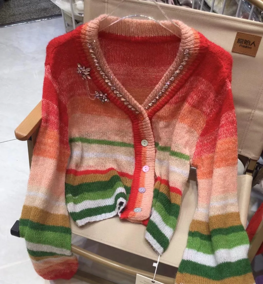 Autumn Winter Rainbow Striped Manual Dimaonds Knitting Sweater Cardigan For Women V Neck Single Breasted Soft Loose Knitwear Top