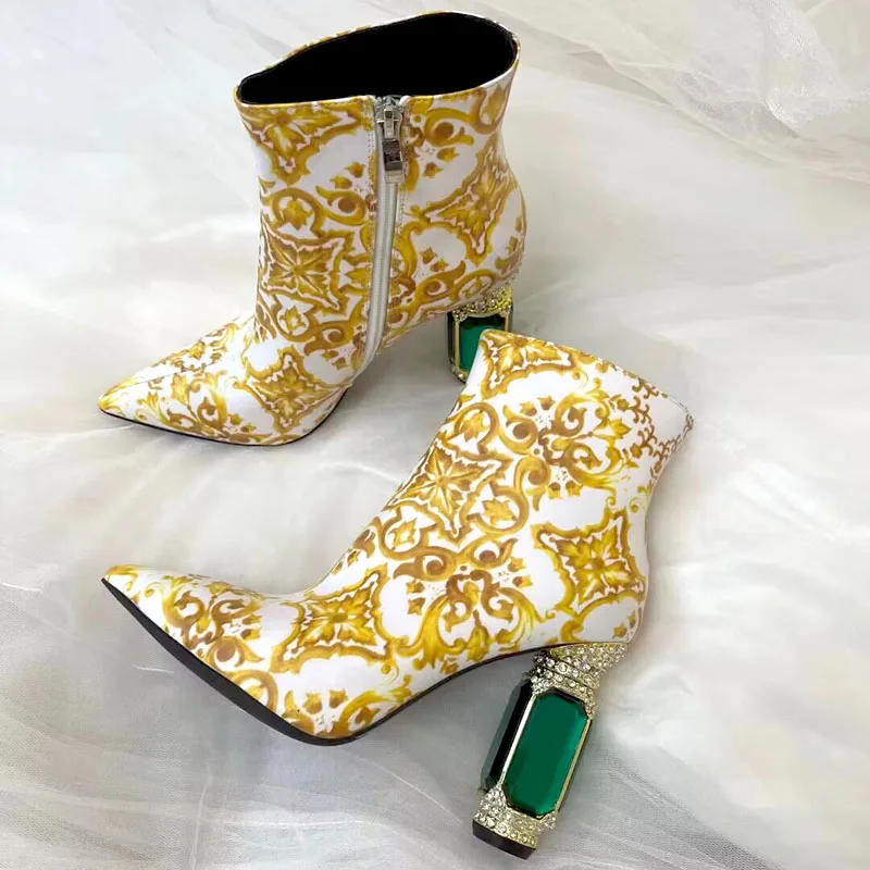 

Green Yellow Porcelain Flower Leather Diamond Studs Chunky Heels Ankle Boots Pointed Toe Floral Runway Woman Booties Shoes