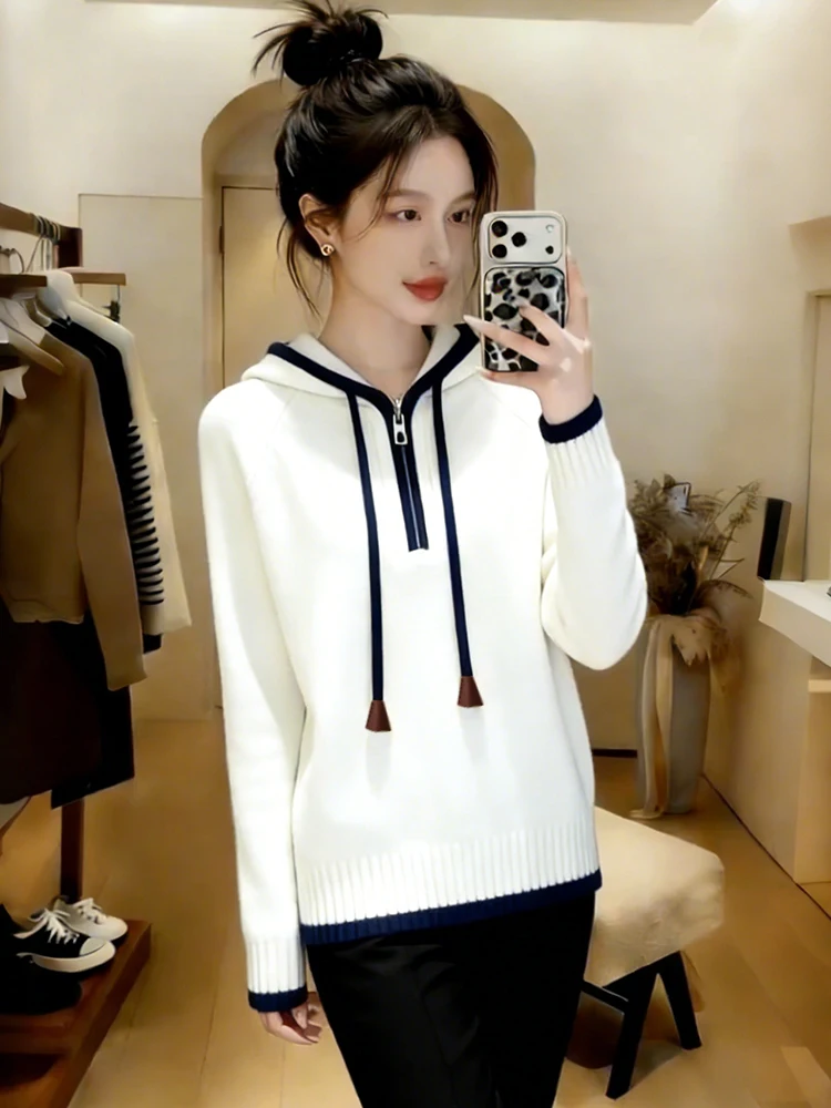 

Korean Sle Lazy Girl Spring Autumn f Zip Hoodie Dstring Knitted Sweater Women's Loose Fit Comfortable Breathable