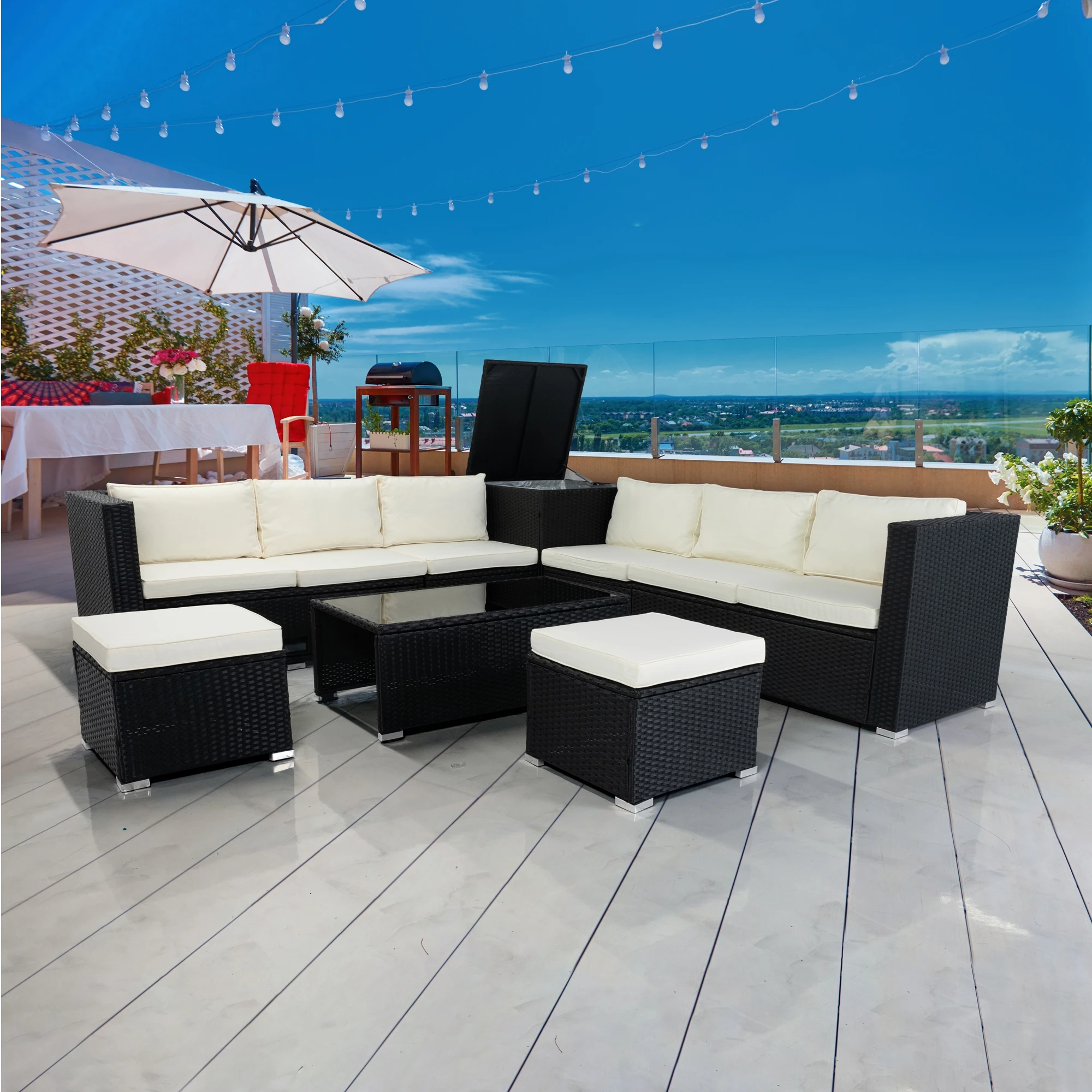 

8 Piece Patio Sectional Wicker Rattan Outdoor Furniture Sofa Set with One Storage Box Under Seat and Cushion Box