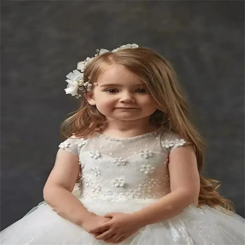 Flower Girl Dresses O-Neck Decal Fluffy Bow Pageant Dress Floor Length for Wedding Prom First Communion Birthday Party