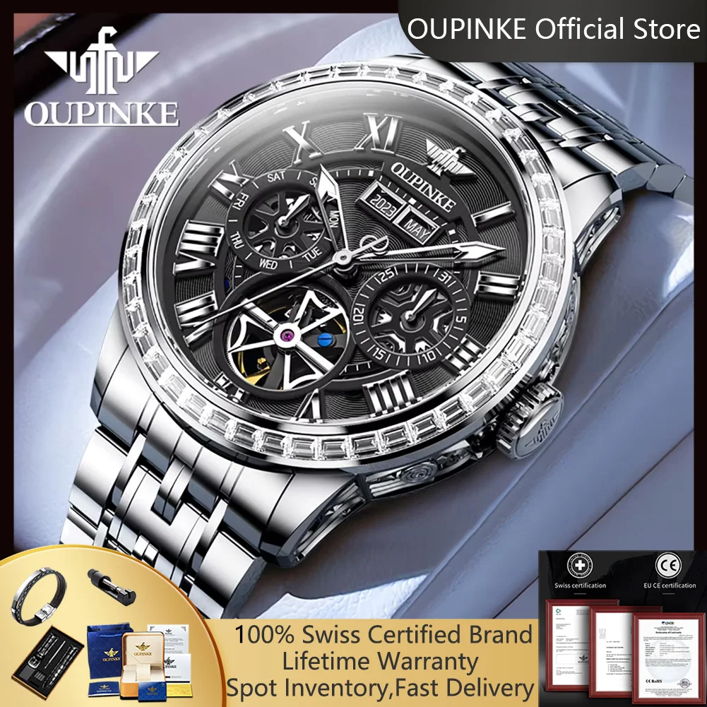

Мужские часы OUPINKE 3252, скелетонизированные, с автоматическим механизмом, с бриллиантовым безелем, из нержавеющей стали, роскошные.