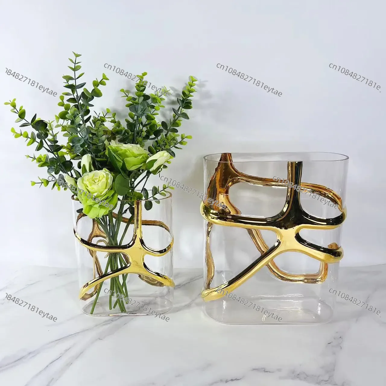 Gold Trim Geometric Glass Vase - Clear Terrarium for Hydroponic Flower Arranging