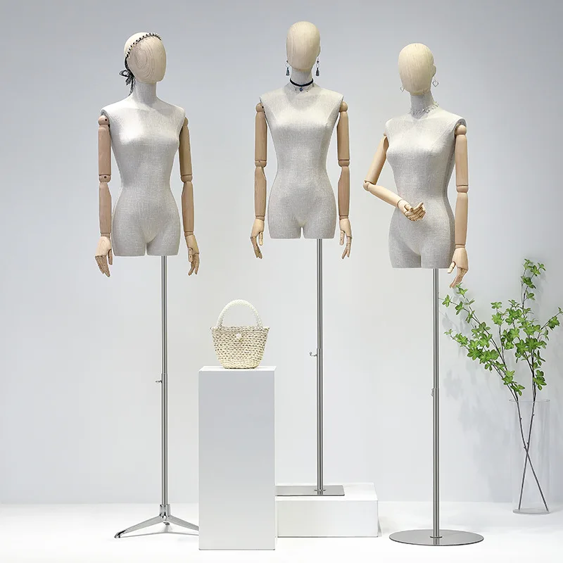 Fabric Cover Female Half Body Mannequin Torso Metal Base with Wooden Arm/Head for Wedding Clothing Display Adjustable Rack