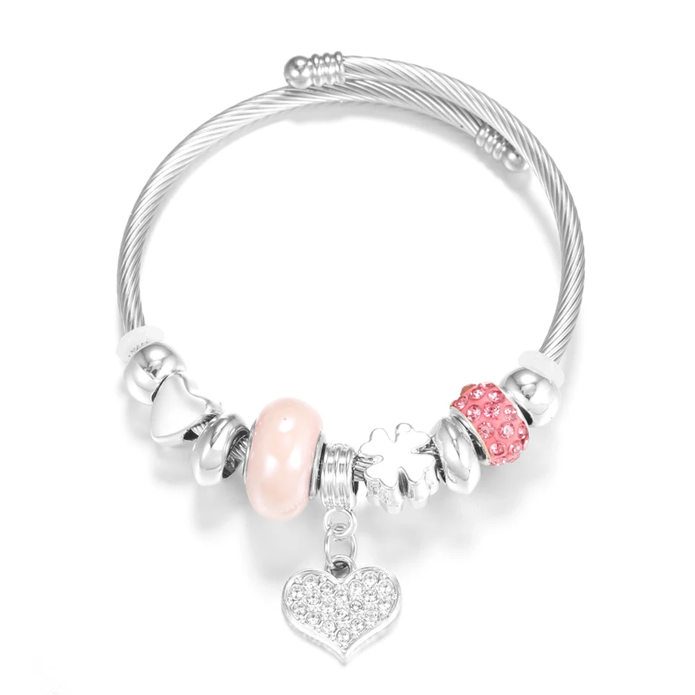 Heart-Shaped Rhinestone Stainless Steel Beaded Bracelet Women Glamorous Crystal 4 Colors Closure Adjustable Bangles Jewelry Gift