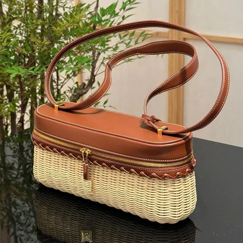 

2025 Luxury Designer Fashion Woven Bamboo Box Bag Women Trendy PU Leather Splicing Rattan Handbags Travel Versatile Shoulder Bag