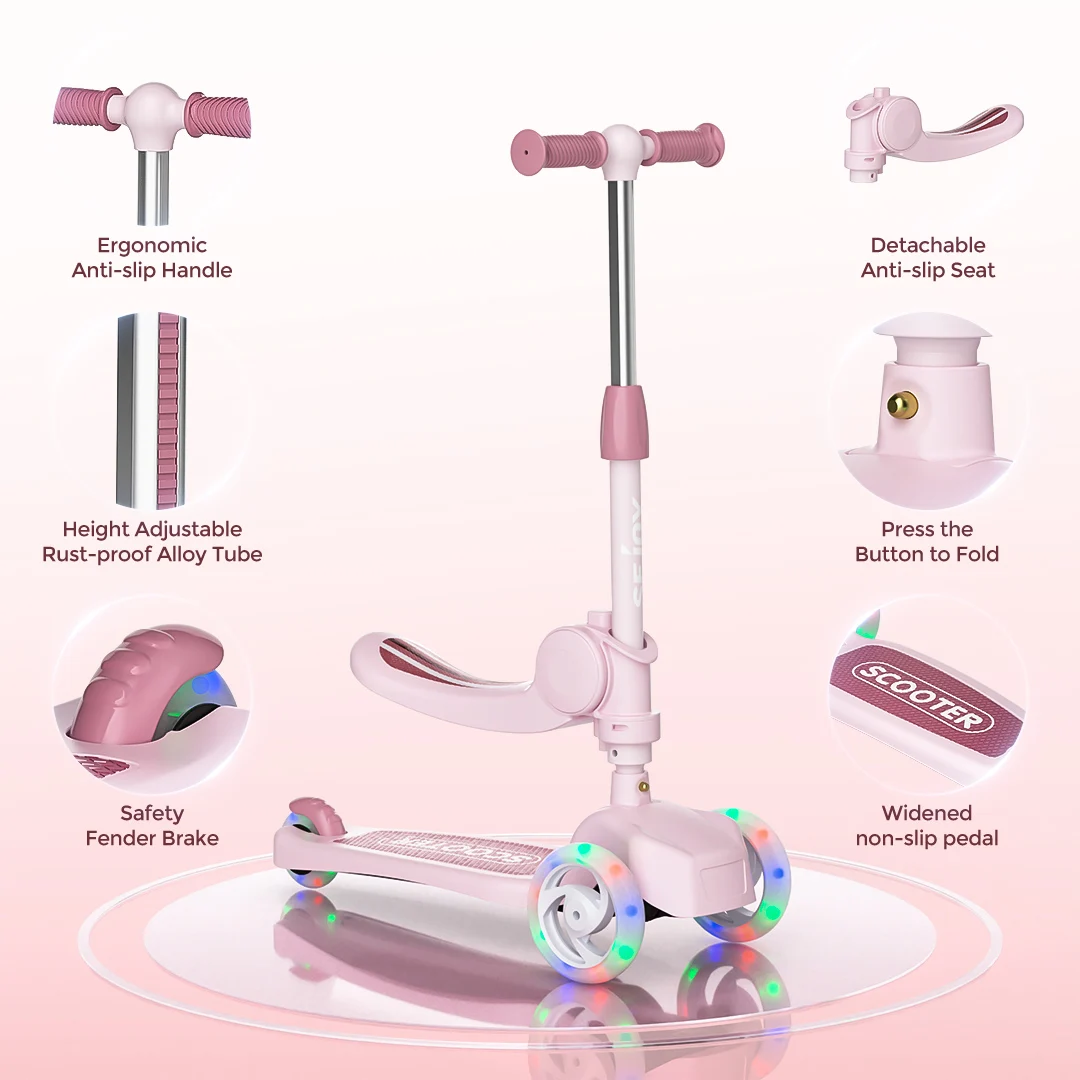 Hulajnogi dla dzieci z 3-kołowymi światłami LED, regulowaną kierownicą, składanym siedzeniem, jazda siedzącą lub stojącą, dla dzieci w wieku 3-8 lat