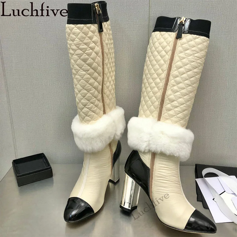 Winter Luxury Knee High Boots for Women Inlay Fur Slim Chunky High Heel Long Boots Winter Sexy Brand Fashion Week Boots Female