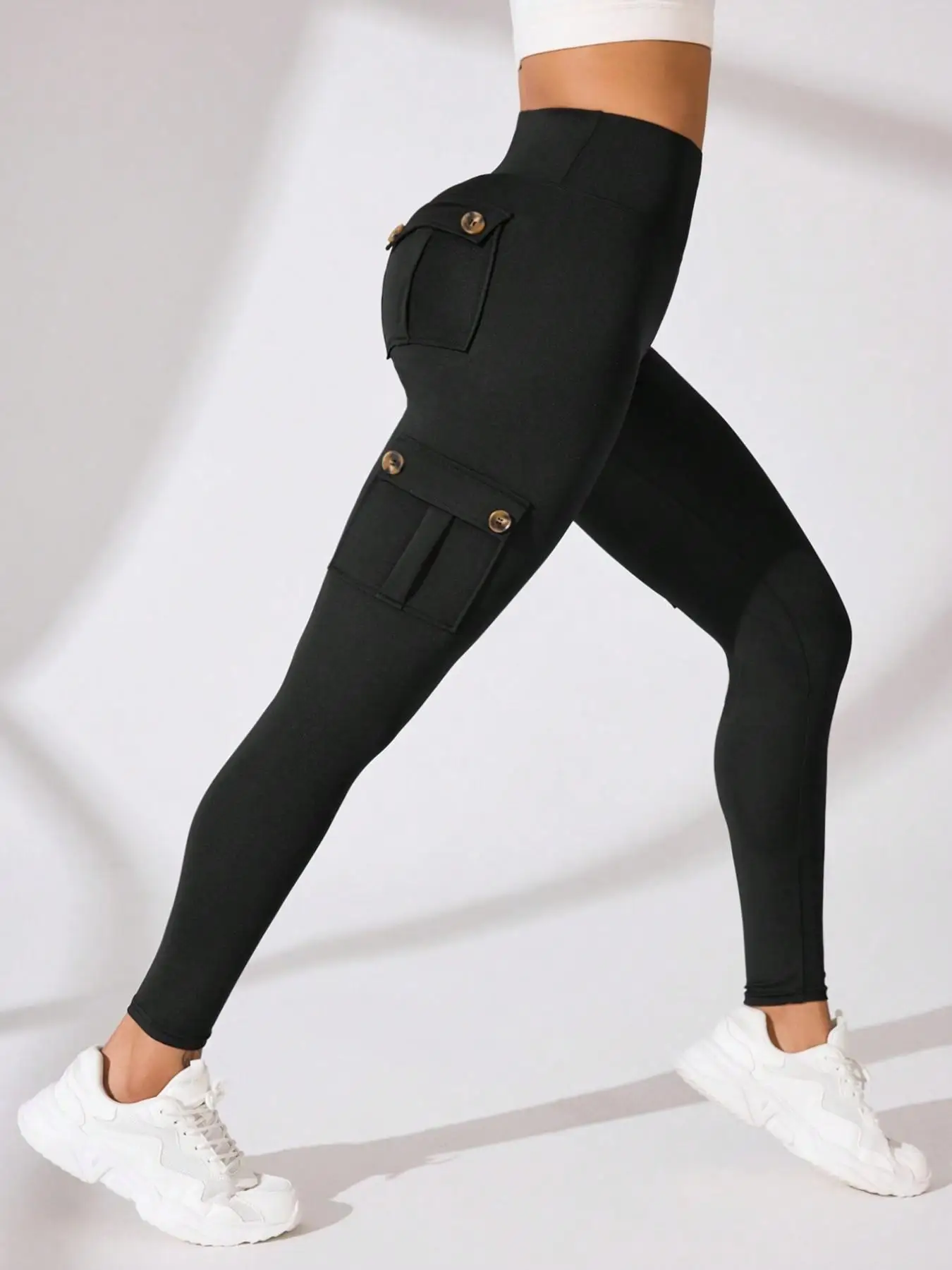 Damen High-Waist Po-Lifting Cargo Workout Leggings mit mehreren Taschen, dehnbare Fitness-Sporthose – Detail 3