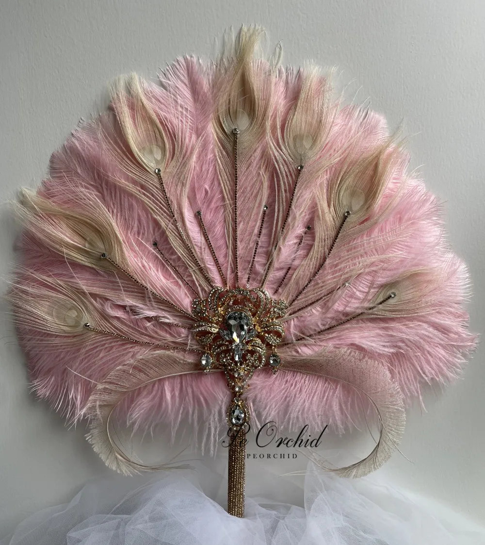 PEORCHID Gold Pink Crystal Bridal Fan Bouquets Great Gatsby 1920's Alternative Ostrich Feather Wedding Party Hand Fan Bouquet